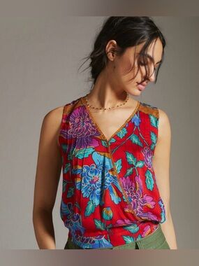 ANTHROPOLOGIE TINY L Red Scarf Floral Print Surplice Tank Tie Back Blouse Boho